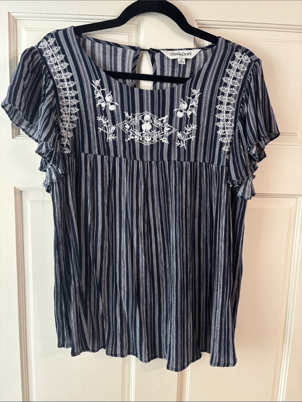 DAVI & DANI Navy and White Striped Embroidered Flutter Sleeve Tunic